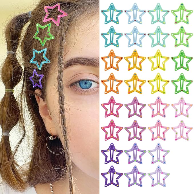 Star Hair Clips Snap Hair Barrettes Non Slip Star Hair Accessories Multiple Colors Metal Hair Clips for Girls Women -30 PCS 1.18"