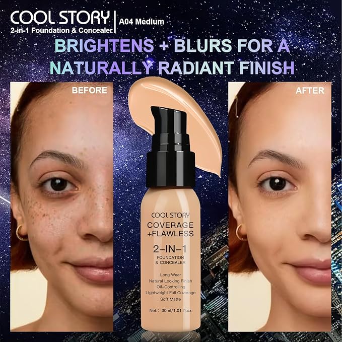 2-in-1 Foundation and Concealer Long Wear Natural Matte Finish Lightweight Coverage (Medium)