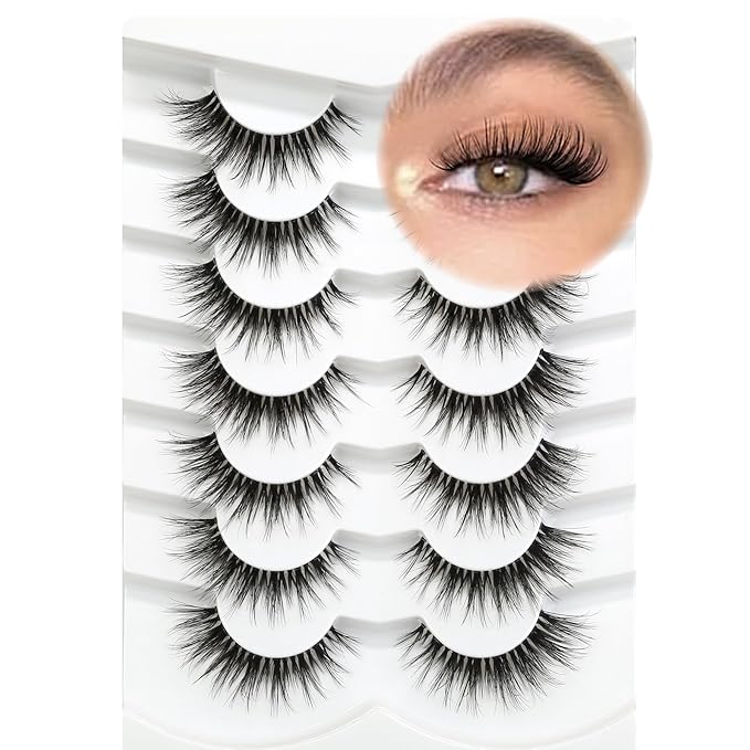 3D Clear Band Lashes 14mm Natural Soft Faux Mink Lashes C/D Curl Cat Eye Wispy Fake Eyelashes Short Cross Reusable False EyeLashes 7 Pairs (No.219)