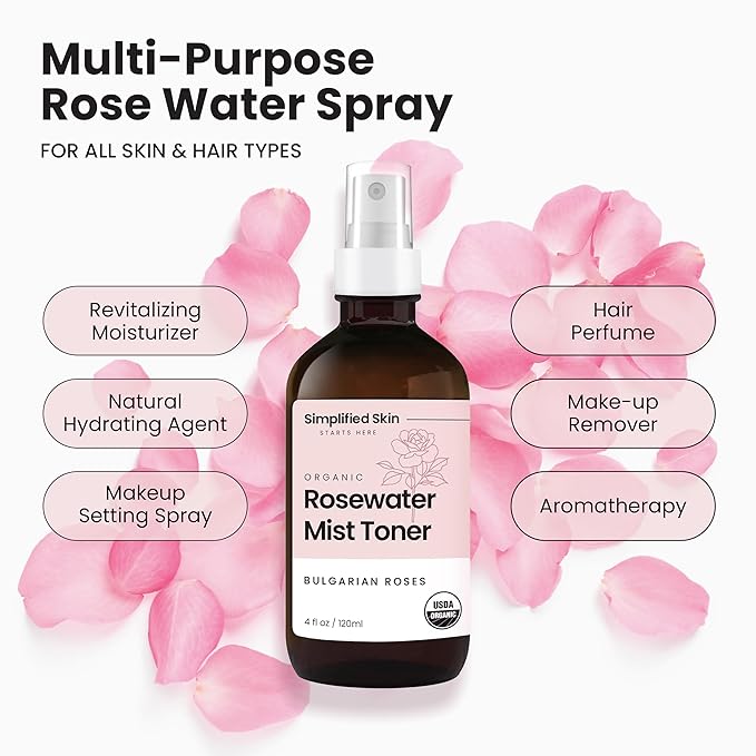 Rose Water Spray for Face & Hair – Pure USDA Organic Rosewater Toner – Refreshing Mist for Skin Care, Makeup & Locs – Natural Rose Scent, 4 Oz