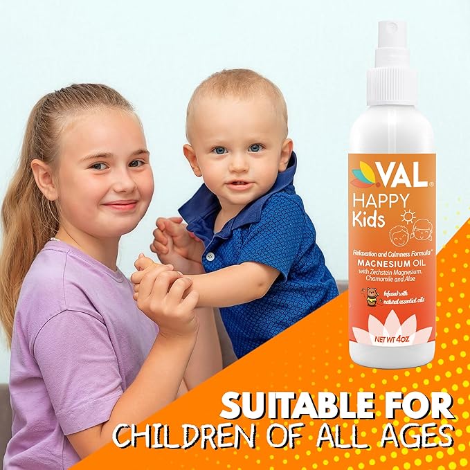 VAL Kids Magnesium Oil Spray – Natural Bedtime Calm & Mood Support | Zechstein Magnesium, Chamomile & Aloe | No Itch | Fast-Absorbing | Made in USA | 4oz