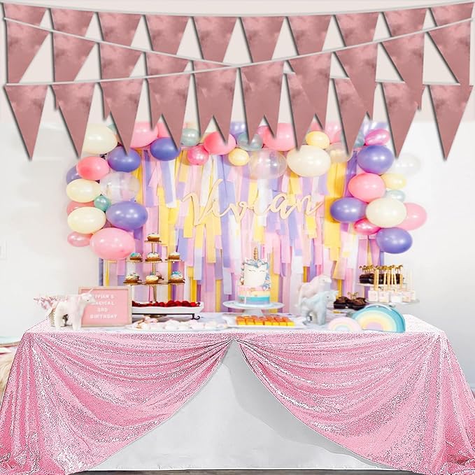 20M/65FT Rose Gold Triangle Pennant Banner Flag Metallic Fabric Bunting Garland for Christmas Wedding Birthday Anniversary Bridal Shower Engagement Graduation Hen Party Decorations Supplies