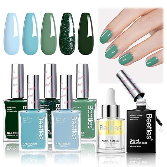 Beetles Green Nail Polish Set, 7 Pcs 5 Colors Light Green Blue Fingernail Polish, Cuticle Oil with 2IN1 Base&Top Coat Long Lasting Quick Dry Nail Polish Gfit Sets For Women