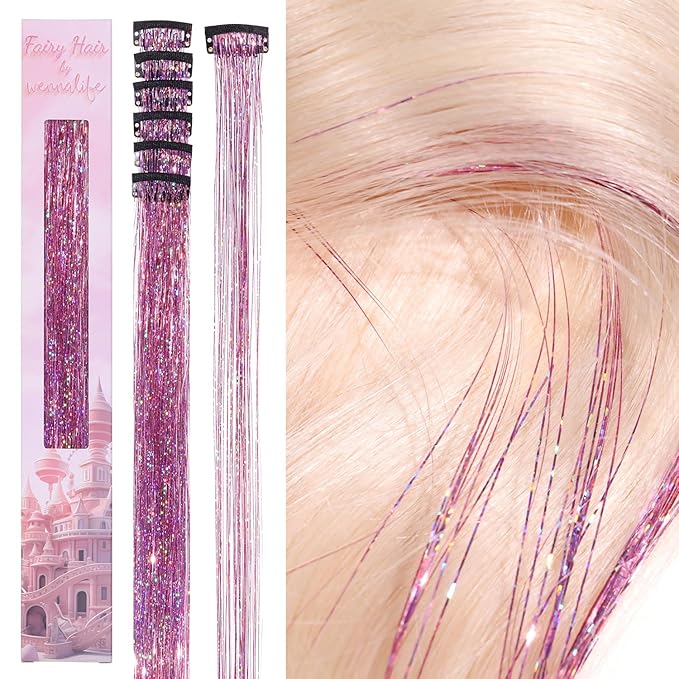 WENNALIFE Hair Tinsel Clip In Hair Tinsel for Girls Pink, 6pcs 24 inch Clips Tinsel Hair Extensions Clip in Colorful Glitter Clips Sparkle Fairy Hair Accessories for Kids