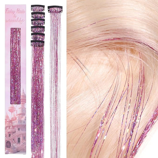 WENNALIFE Hair Tinsel Clip In Hair Tinsel for Girls Pink, 6pcs 24 inch Clips Tinsel Hair Extensions Clip in Colorful Glitter Clips Sparkle Fairy Hair Accessories for Kids