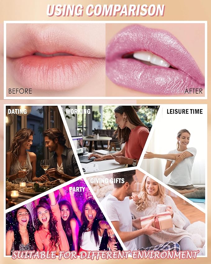 Diamond Glitter Lipstick, Pink Shimmer Matte Metallic Lipstick, High Pigment Waterproof Long Lasting Lip Gloss, Shiny Non-Sticky Creamy Lip Stain, Christmas Lip Makeup Festival Gift for Women Girl-12