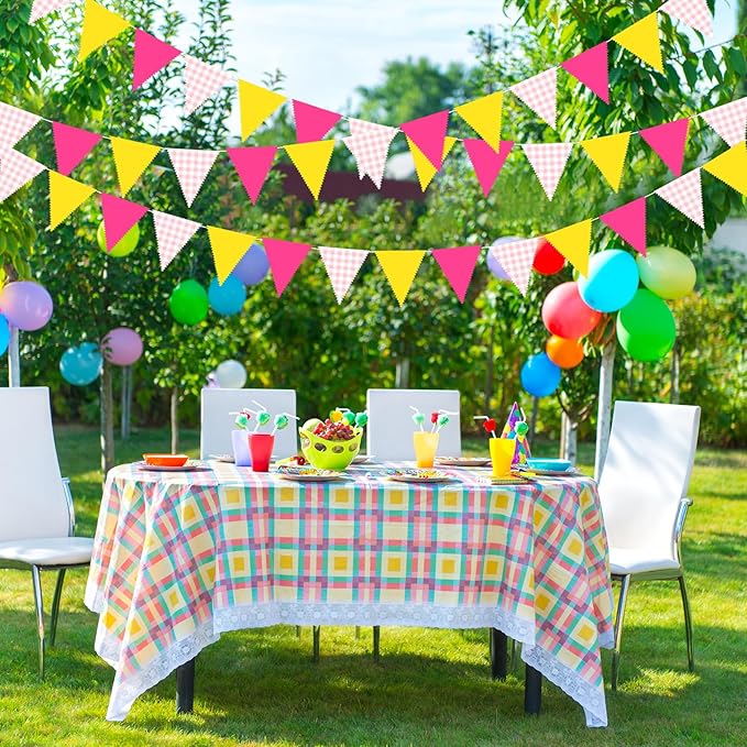 33 Ft Softball Theme Hanging Banner Decoration Triangle Flag Pink Yellow Pennant Plaid Fabric Bunting Garland for Birthday Baby Shower Sports Party Supplies