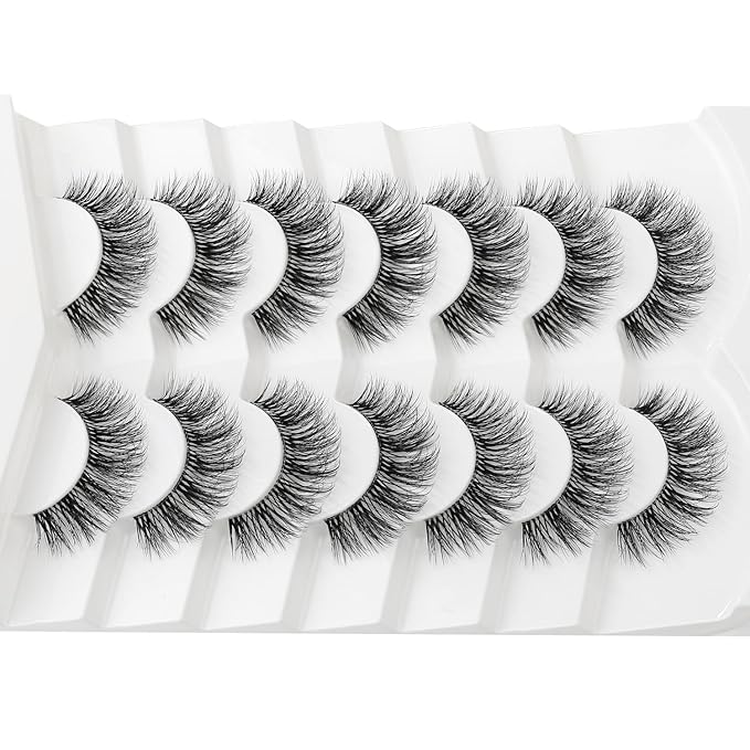 3D Clear Band False EyeLashes Soft Faux Mink Lashes Wispy Fluffy Eyelashes Natural Cat Eye Short Reusable 7 Pairs Happy Heartbeat(No.198)
