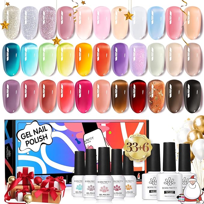 Born Pretty Jelly Gel Nail Polish Sheer Clear Nude Pink Red Brown Gel Polish Set Transparent Translucent Gel Polish with Glossy Matte Top Coat Base Gel Manicure Christmas Day Gifts 39PCS