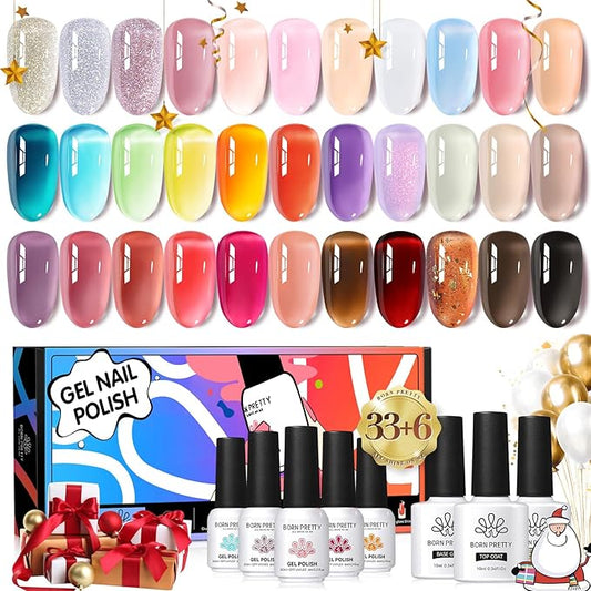 Born Pretty Jelly Gel Nail Polish Sheer Clear Nude Pink Red Brown Gel Polish Set Transparent Translucent Gel Polish with Glossy Matte Top Coat Base Gel Manicure Christmas Day Gifts 39PCS