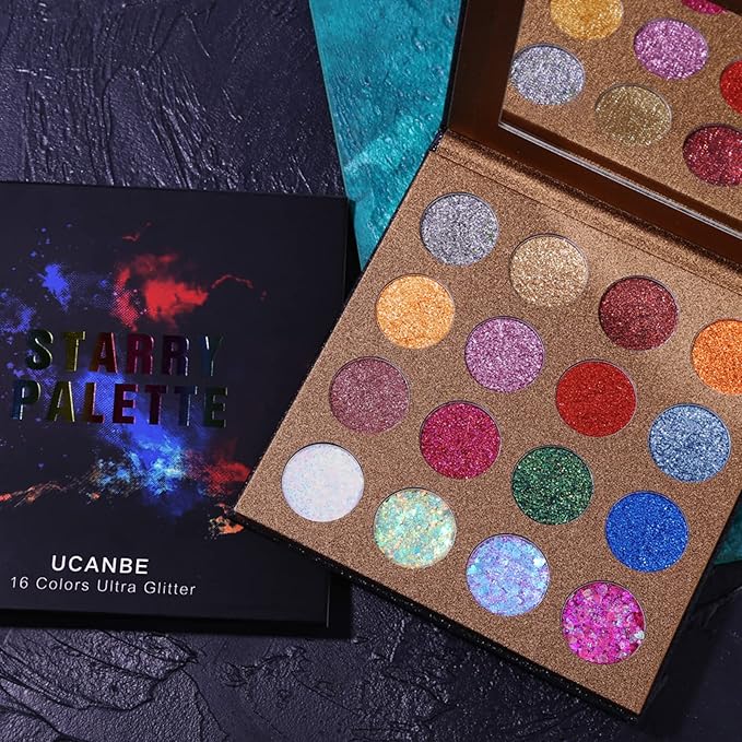 UCANBE Pro Glitter Eyeshadow Palette - Professional 16 Colors - Chunky & Fine Pressed Glitter Eye Shadow Powder Makeup Pallet Highly Pigmented Ultra Shimmer for Face Body