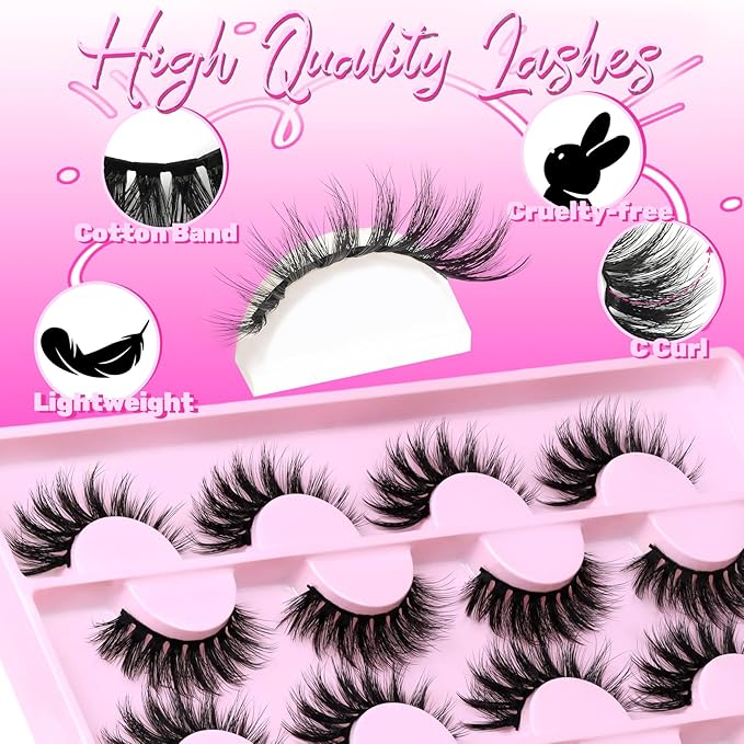 Veleasha Lashes Fluffy Eyelashes 12 Pairs C Curl False Eyelashes Natural Look Wispy Cat Eye Fake Lashes (Dopamine Pink)