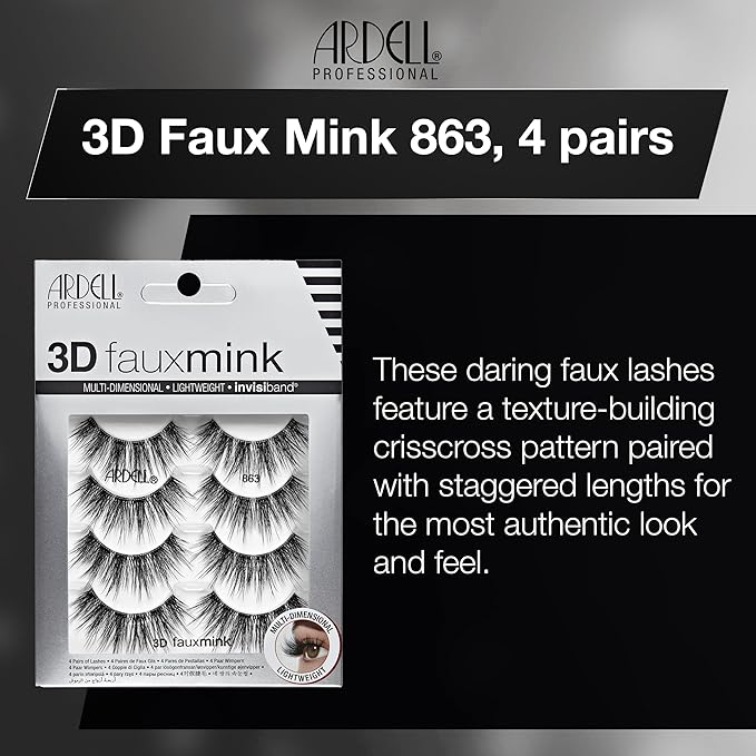Ardell 3D Faux Mink Lashes 863 - Multi-Dimensional False Eyelashes Natural Look Strip Wispy Lashes, 4 Pairs