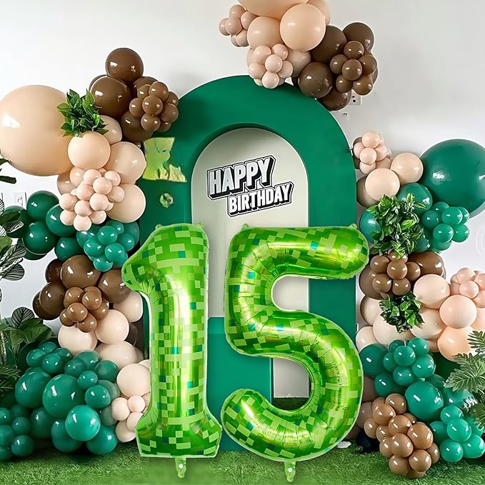40 Inch Green Pixel Number 15 Balloon for 15th Birthday Decorations, Large Dark Kelly Lime Green Self Inflating Foil 15 Balloon Number for Boy 15 Year Old Birthday Party Video Game Patrick's Day Decor