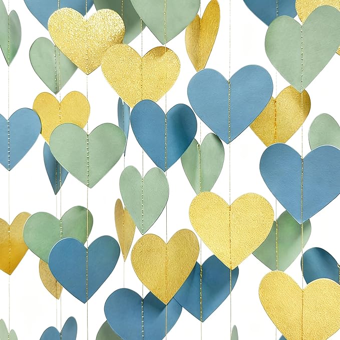 Sage Green Dusty Blue Gold Heart Party Decorations Gold Glitter Paper Dusty Green Blue Love Heart Hanging Garland Streamer Banner for Silly Goose Birthday Baby Shower Valentines Day Anniversary Party