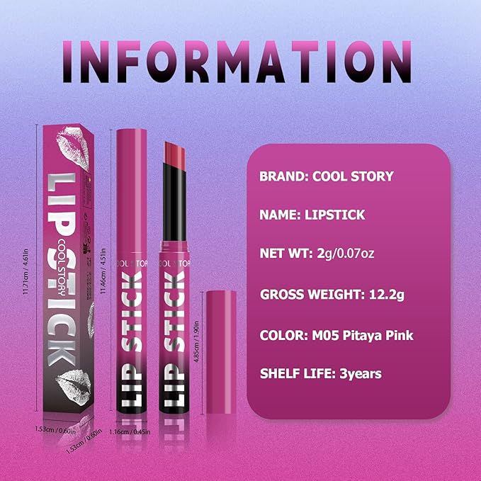 COOL STORY Matte Lipstick Lightweight Blurring Formula with High Impact Pigment, Long-lasting, 0.07 oz (Pitaya Pink)