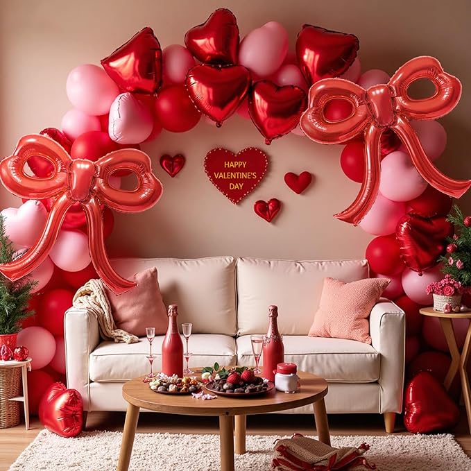 4 Pcs Red Bow Balloons Bow Party Decorations for Girl Women Red Bow Birthday Decorations Giant Foil Balloon for Baby Shower Engagement Wedding Christmas Decor Bachelorette Party Supplies