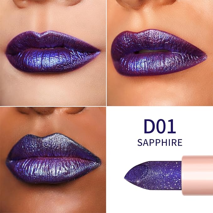 Oulac Blue Purple Glitter Lipstick, Infinity High Shine Finish, Hydrating Lip Color Infused with Damask Rose Oil for All-Day Comfort, Gluten-Free Vegan Beauty, D01 Sapphire