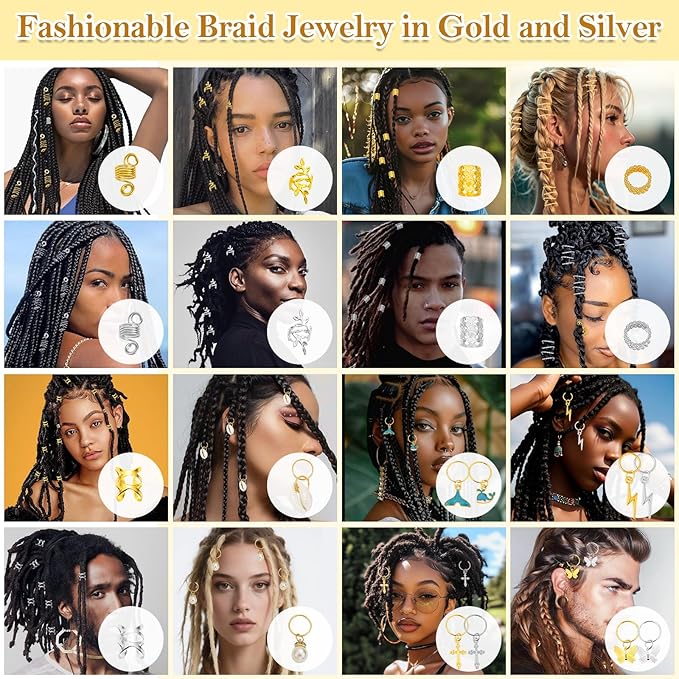 305PCS Gold Silver Hair Jewelry for Braids, Loc Jewelry for Hair Dreadlocks Braid for Women Men, Hair Cuffs Rings Charms Pendants Clips Dreadlock Decoration Accessories for Braided Hairstyles