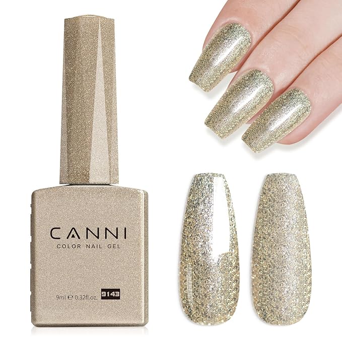 CANNI Champagne Gold Glitter Gel Polish – 9ML Sparkly Soak-Off UV/LED Gel Nail Polish, Shiny Metallic Finish for French Manicure, DIY or Salon Use