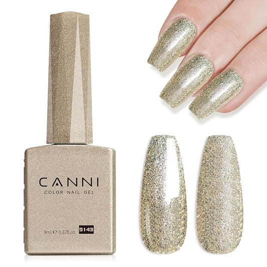 CANNI Champagne Gold Glitter Gel Polish – 9ML Sparkly Soak-Off UV/LED Gel Nail Polish, Shiny Metallic Finish for French Manicure, DIY or Salon Use