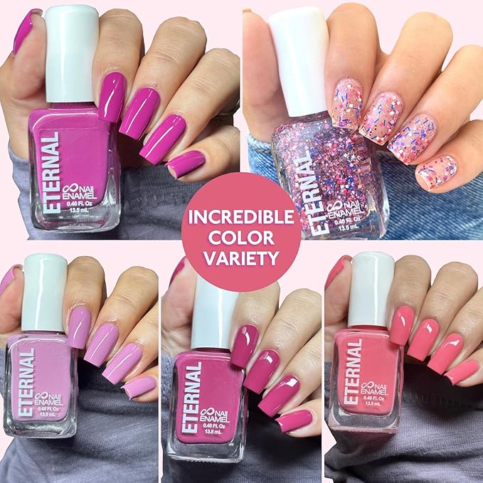Eternal Glitter Nail Polish Set for Women (PINKFETTI) - Hot Pink Nail Polish Set for Girls | Long Lasting & Quick Dry Natural Nail Polish Kit for Home DIY Mani Pedi | Made in USA, 13.5mL (Set of 5)