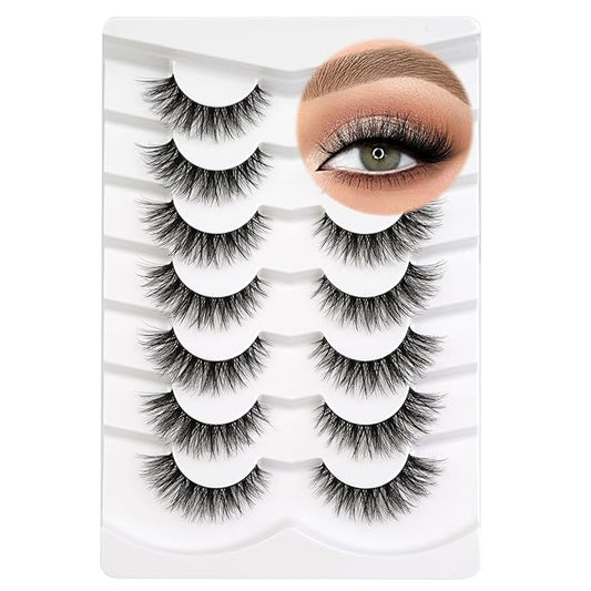 3D Clear Band Lashes 15mm Natural Soft Faux Mink Lashes C Curl Cat Eye Wispy Fake Eyelashes Reusable False EyeLashes 7 Pairs (No.212)