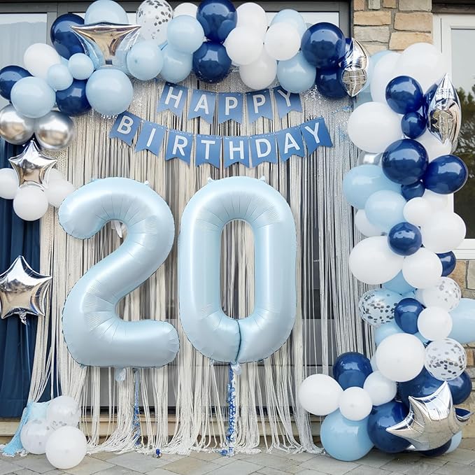 20th Birthday Balloons for Boy, 40 Inch Foil Self Inflating Light Baby Blue Number 20 Balloon, Pastel Sky Blue Large Helium Mylar 20 Balloon Number for Men Birthday Party Decor Anniversary Decorations