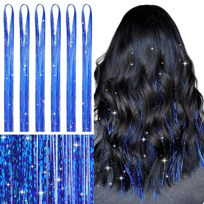 WENNALIFE Hair Tinsel for Girls, Treasure Blue Fairy Kit 1200 Strands 6PCS 48 Inch Heat Resistant Glitter Hair Extensions Kit Christmas Sparkle Strands Tinsel