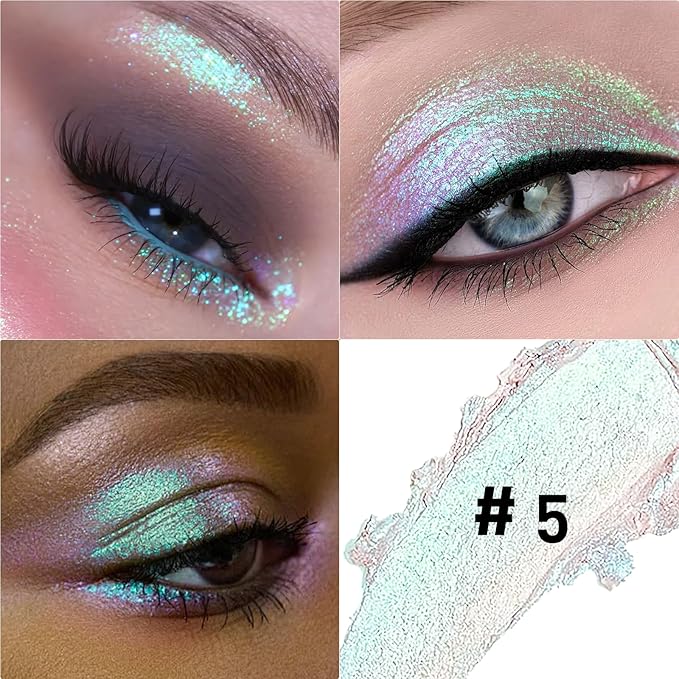 Glitter Eyeshadow Stick Metallic Chrome Finish, Shimmer Cream Eye Shadow Stick Long Lasting Holographic Color Sparkle Multi-Use Eye Brightener Highlighter Makeup Blendable Eyeliner Pencil, 5#