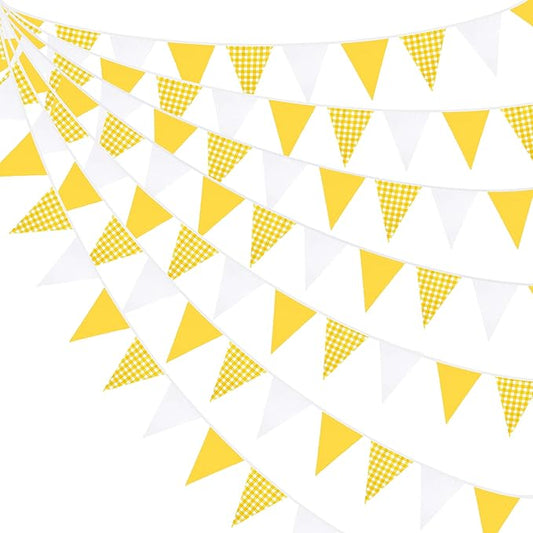 32Ft Yellow Plaid Checkered White Pennant Banner Fabric Gingham Triangle Flag Bunting Garland for Picnic BBQ Bee Sunflower Wedding Birthday Baby Shower Lemon Party Outdoor Garden Hanging Decoration