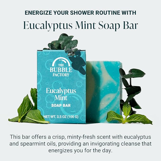 The Bubble Factory Handmade Soap, All Natural Soap for Women & Men, Hand, Bath & Body Natural Bar Soap, Vegan, Palm Oil Free, Made in USA with Shea Butter + Essential Oils, Eucalyptus Mint, 3 Bars