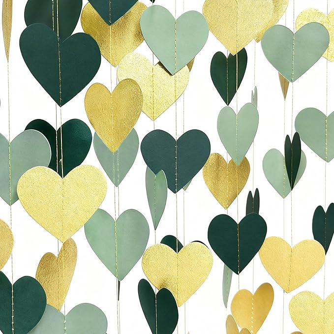 Sage Green and Gold Heart Party Glitter Gold Paper Olive Green Love Heart Hanging Garland Streamer Banner for Woodland Safari Baby Shower Birthday Wedding Anniversary Valentines Day Party Decorations