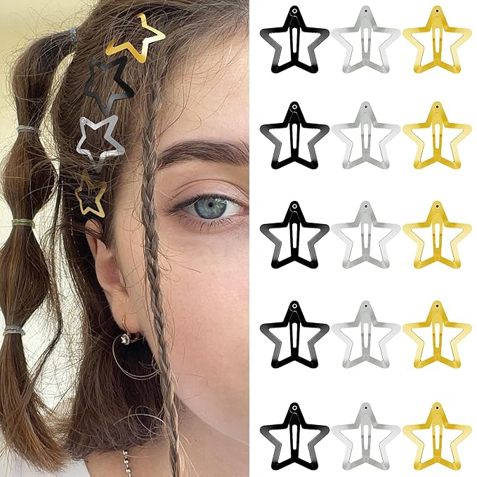 Star Hair Clips 2000s Y2K Snap Hair Barrettes Non Slip Star Hair Accessories Black Gold Silver Metal Hair Clips for Girls Women -15 PCS 1.18"