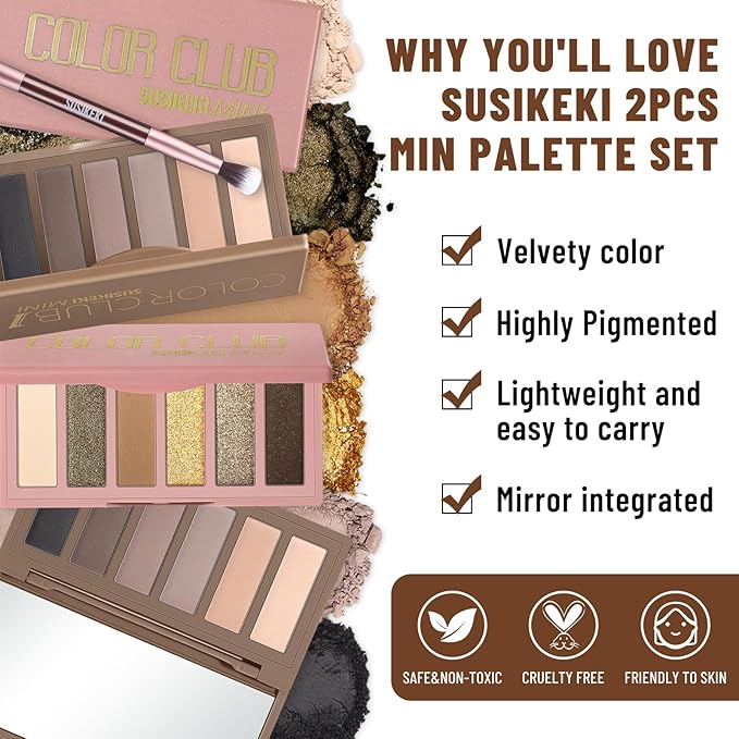 2PCS 6 Colors Mini Eyeshadow Palette Makeup with Brush Set Neutral Nude Eye Shadow Brown & Olive-colored Matte Shimmer Make Up Pallet with Mirror Highly Pigmented Travel Size Gift Kit