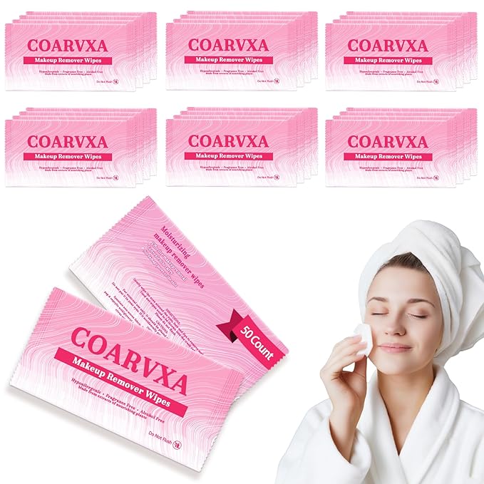 50 Count Makeup Remover Wipes Mini Makeup Wipes Travel Face makeup wipes Individually Wrap For Mascara Lipstick Oil Dirt Face Skin Hypoallergenic Alcohol-Free