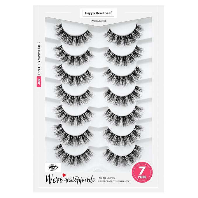 3D Clear Band False EyeLashes Natural Look Cat Eye Wispy Fake lashes Short Supernatural Cross Soft Reusable Lashes 7 Pairs-Happy Heartbeat(No.202)