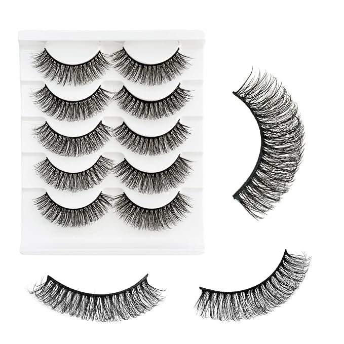 Short Thick Lashes Natural Look D Curl Eyelashes that Look Like Extensions 5 Pair Fluffy Mink Wispy Cat Eye Strip False Volume Lash Pack 8-14mm Full Mega Double Stacked Eyelash Small Fake Lashes