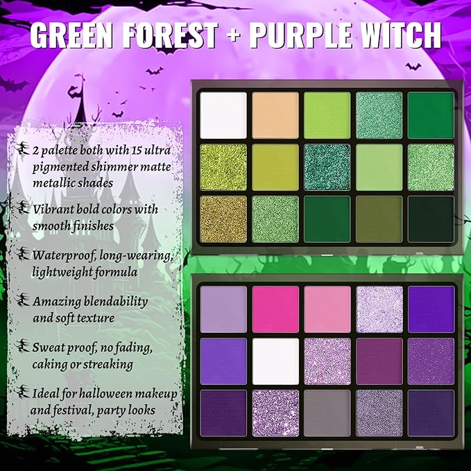 UCANBE 2pcs Eyeshadow Palette Makeup Set, Green Purple Color Shimmer Matte Metallic Eye Shadow Pallet with Soft Brush Eye Make Up Kit for Halloween Cosplay Costume Beetlejuice Medusa Poison Ivy Ursula