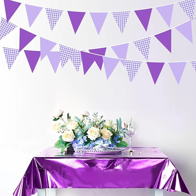 32Ft Purple Party Decorations Purple Gingham Triangle Flag Plaid Checkered Pennant Banner Fabric Garland Streamers for Lavender Mermaid Birthday Baby Shower Picnic BBQ Outdoor Tea Party Decor Supplies
