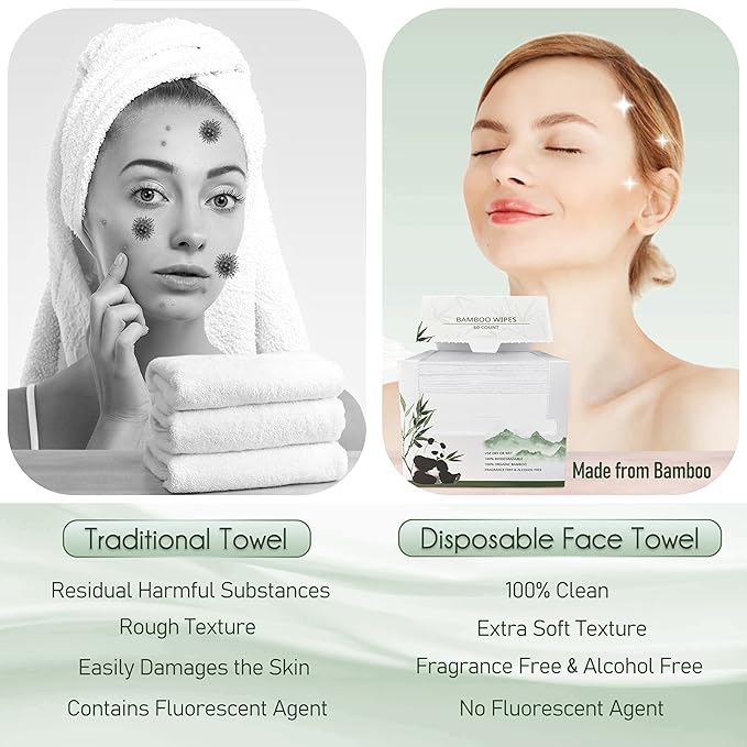 Bamboo Viscose Disposable Face Towel Biodegradable Large Dry Face Wipes 60 Count Extra Thick Soft Clean Facial Towels for Sensitive Skin, Makeup Removing, Facial Cleansing, Nursing, Travel