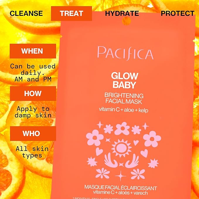 Pacifica Sheet Face Mask - Glow Baby Brightening Facial Mask w/Vitamin C, Aloe & Kelp – Cooling Mask for Dark Spots & Fine Lines - Clean Beauty Vegan & Cruelty-Free Dermatologist Tested
