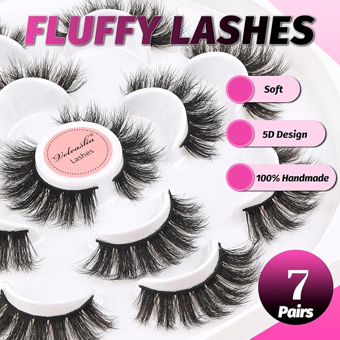 Veleasha Lashes 5D False Eyelashes Handmade Eye Lashes Fluffy Fake Lashes Eyelashes Dramatic Look 7 Pairs Luxurious Volume Fake Eyelashes Pack (801)