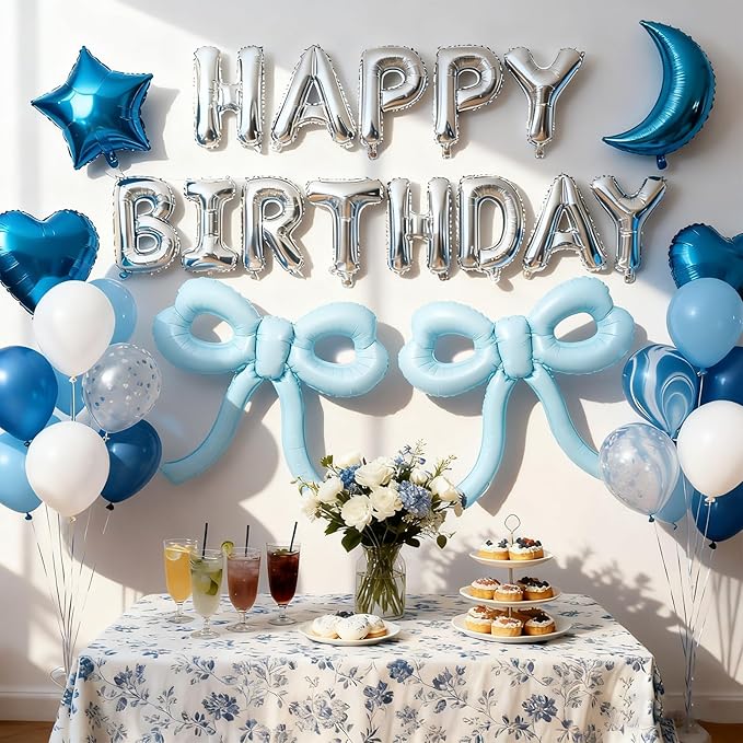 4 Pcs Baby Blue Bow Balloons Bow Birthday Party Decorations for Girl Women Bow Decor Blue Birthday Decorations Giant Dusty Blue Balloons for Baby Shower Bridal Bachelorette Party Supplies