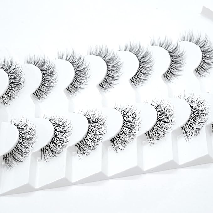 3D Clear Band False EyeLashes Natural Look Cat Eye Wispy Fake lashes Short Supernatural Cross Soft Reusable Lashes 7 Pairs-Happy Heartbeat(No.210)