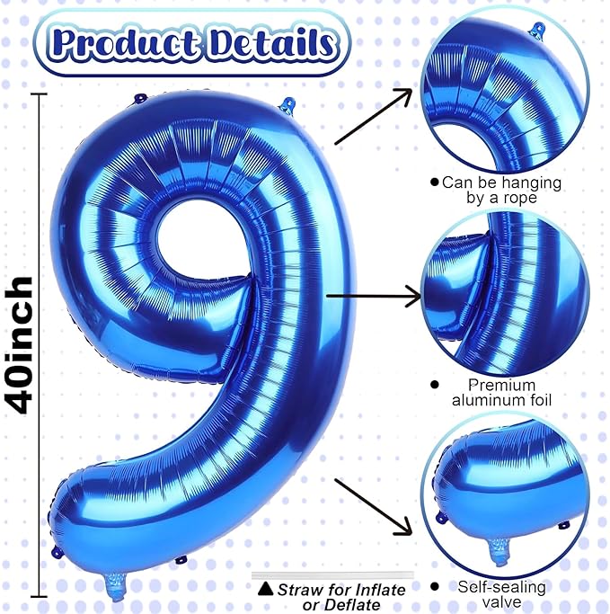 40 Inch Navy Blue Numbers 9 Balloons, Large Self Inflating Dark Blue Digital 9 Helium Balloon, Giant Foil Mylar Number 9 Balloons for Women Men Girls Boys 9th Birthday Party Anniversary Decorations