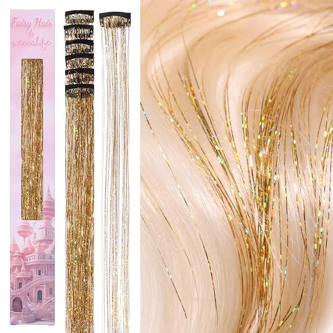 WENNALIFE Hair Tinsel Clip In for Girls Gold, 6pcs 24 inch Clips Tinsel Hair Extensions Clip in Colorful Glitter Clips Sparkle Fairy for Kids