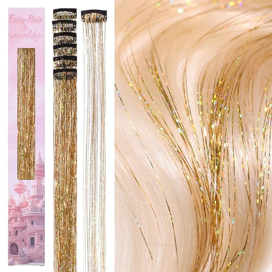 WENNALIFE Hair Tinsel Clip In for Girls Gold, 6pcs 24 inch Clips Tinsel Hair Extensions Clip in Colorful Glitter Clips Sparkle Fairy for Kids