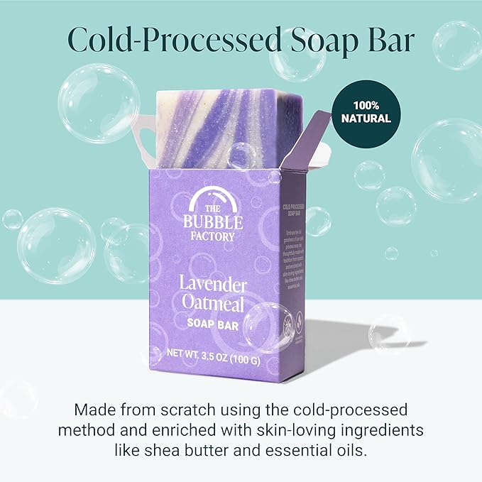 The Bubble Factory Handmade Natural Bath & Body Soap Bar, Vegan, All-Natural, Palm Oil Free, Made in USA with Shea Butter + Essential Oils, Lavender Oatmeal, 3 Bars