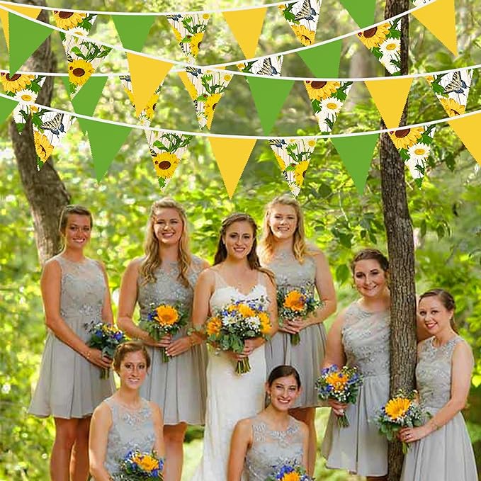 32Ft Yellow Green Pennant Banner Fabric Sunflower Butterfly Triangle Flag Bunting Garland for Spring Summer Party Decorations Birthday Wedding Baby Shower Tea Party Outdoor Garden Hanging Decorations